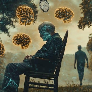 This shows an older man sitting and brains.
