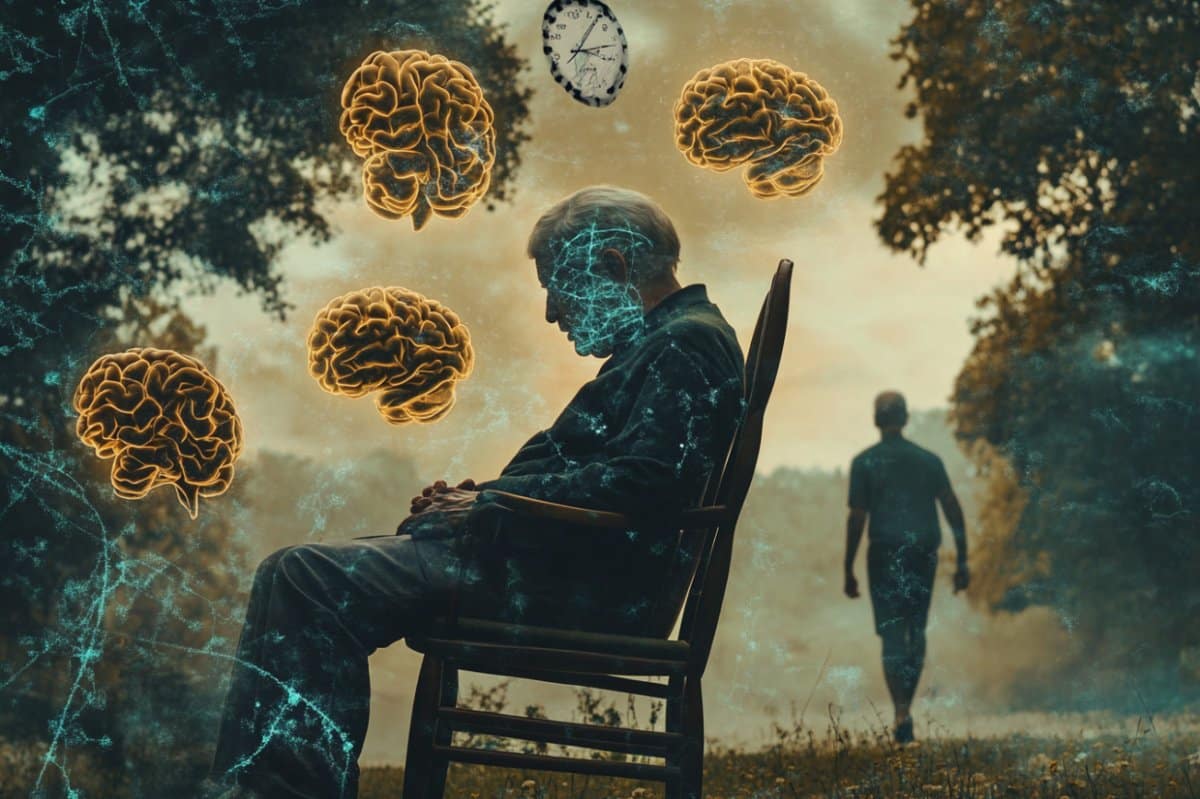This shows an older man sitting and brains.