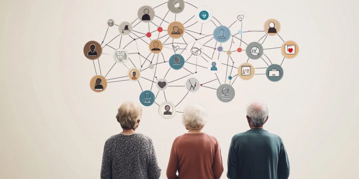 This shows people and network lines.
