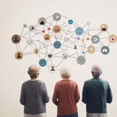 This shows people and network lines.