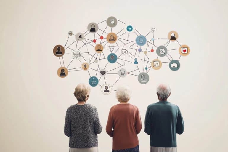 This shows people and network lines.