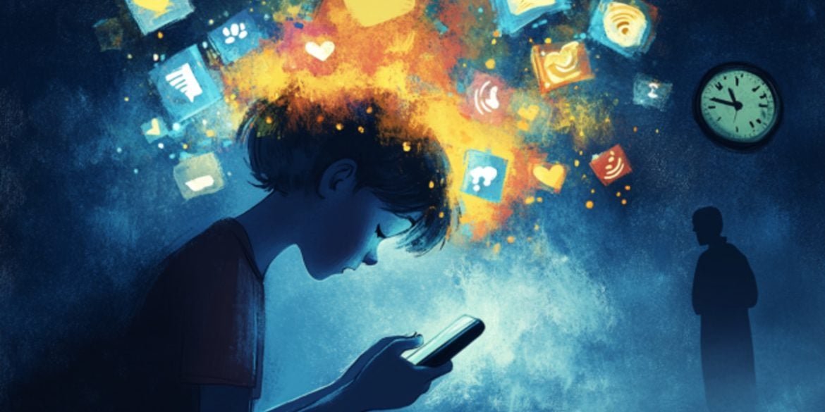 This shows a sad kid on a cell phone.