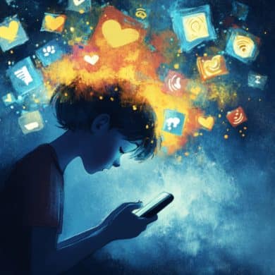 This shows a sad kid on a cell phone.