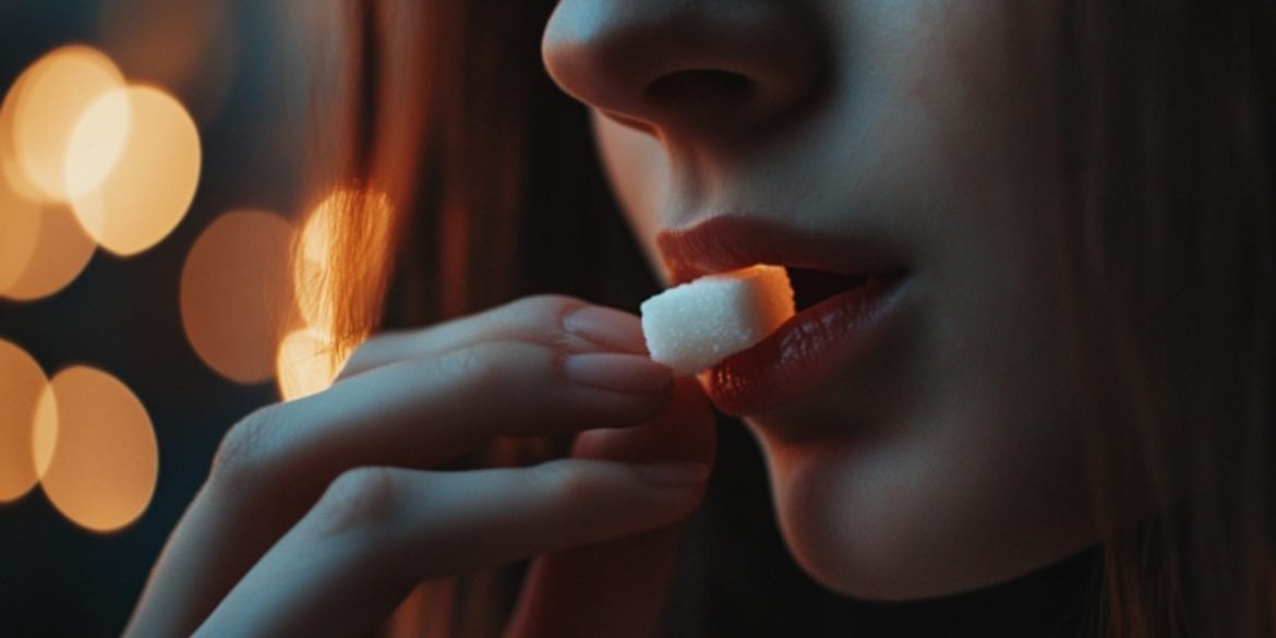 This shows a woman eating a sugar cube.