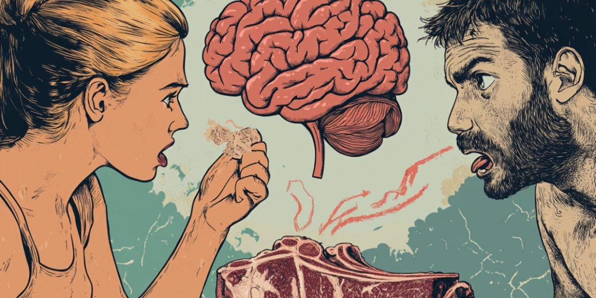 This shows a brain and people looking with disgust at a steak.