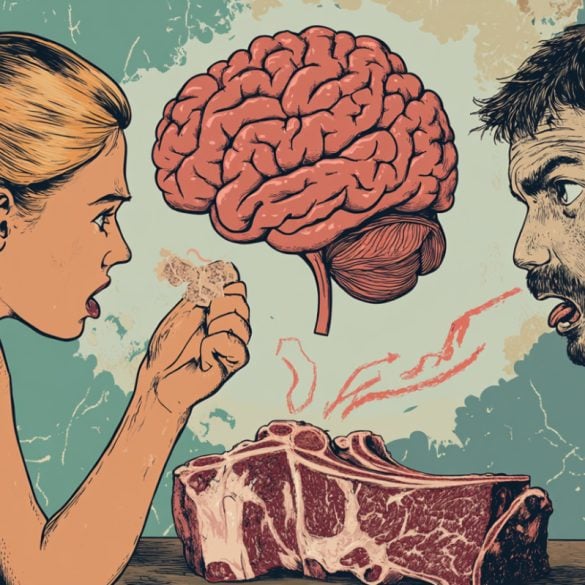 This shows a brain and people looking with disgust at a steak.