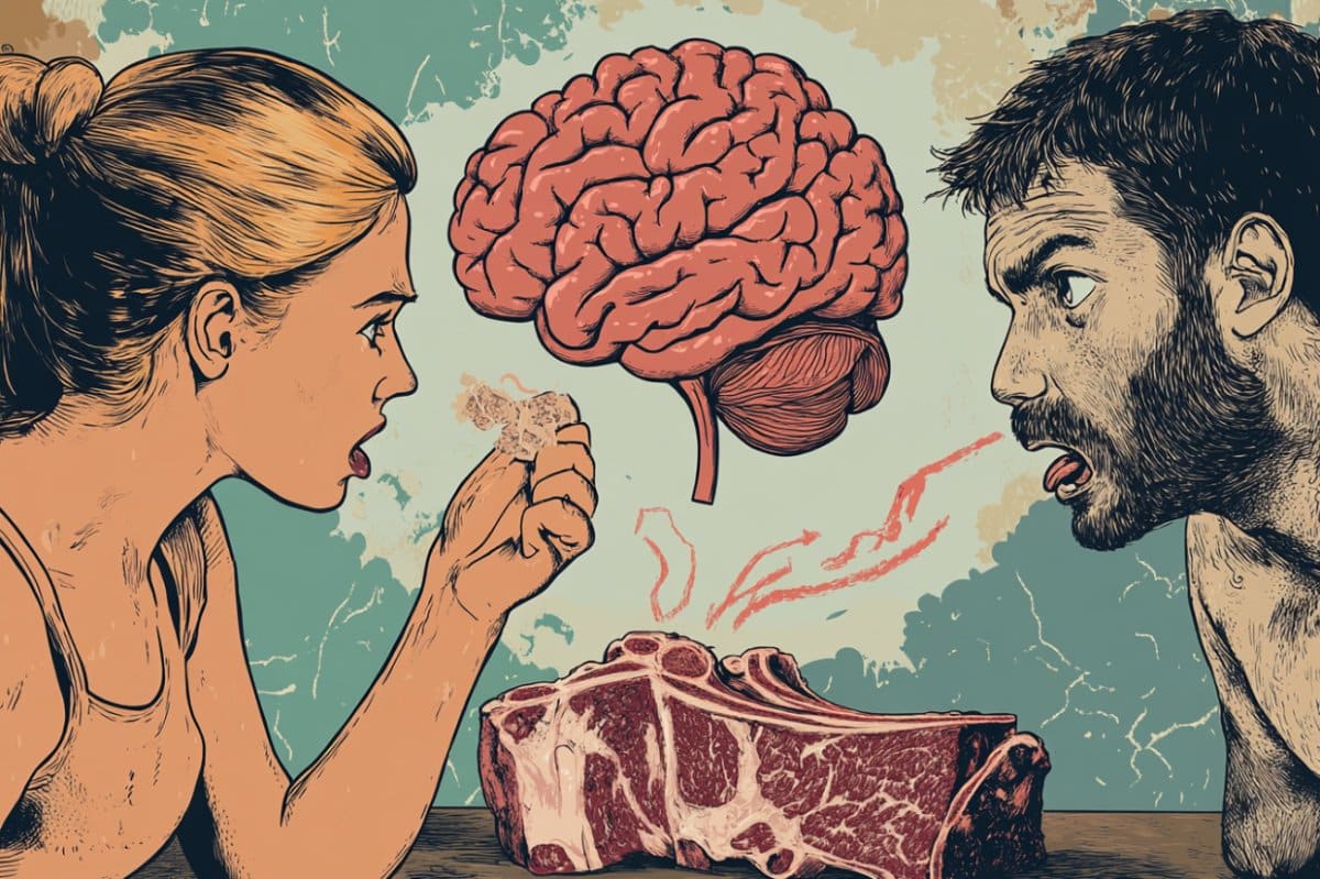 This shows a brain and people looking with disgust at a steak.