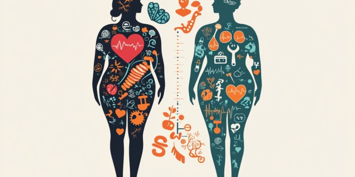 This shows two people and symbols representing weight loss and aging.