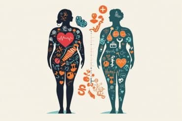 This shows two people and symbols representing weight loss and aging.