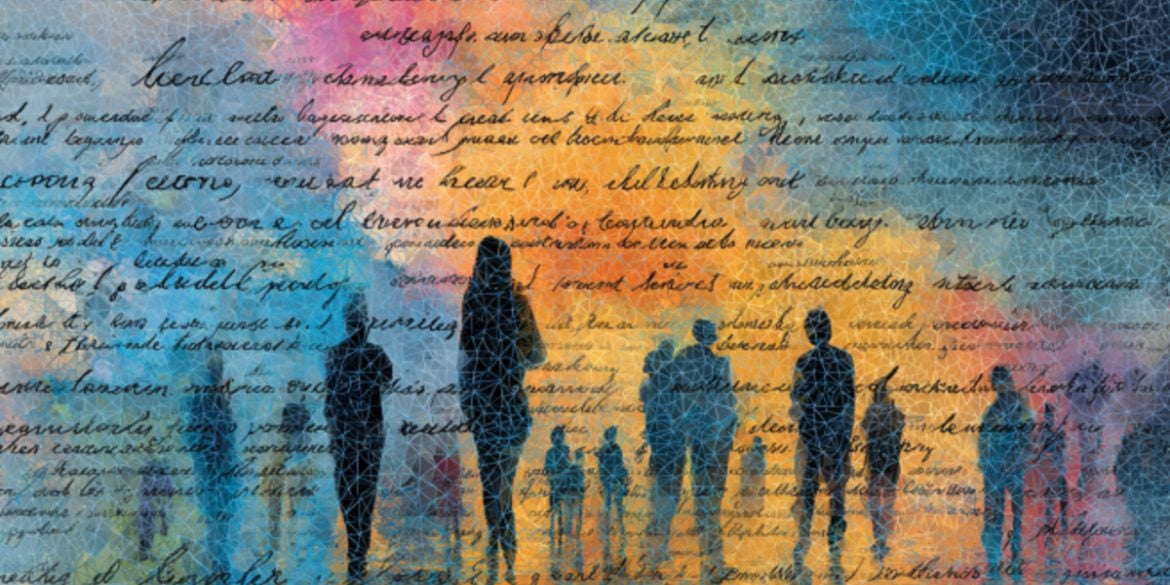 This shows people and words.