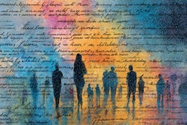 This shows people and words.