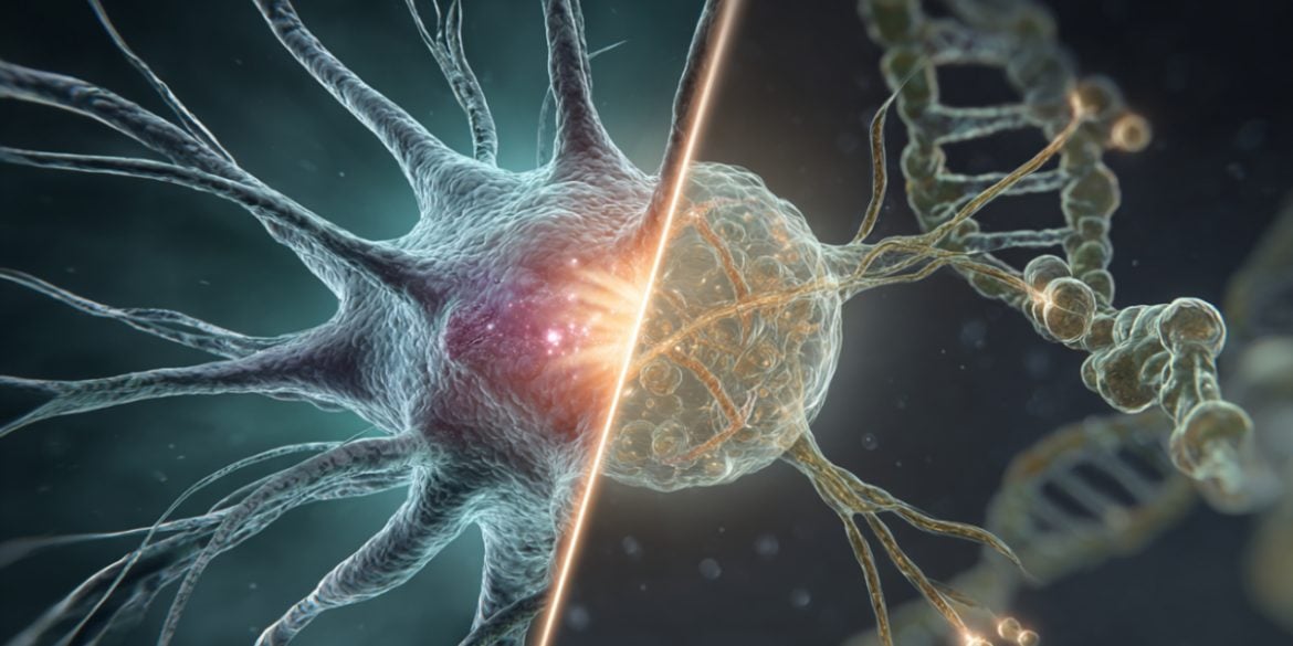 This shows a neuron and DNA.