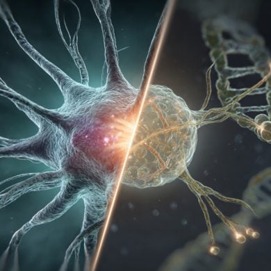 This shows a neuron and DNA.