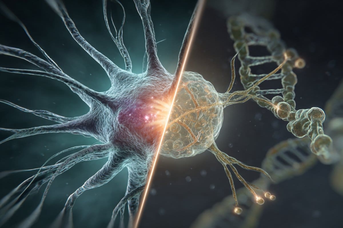 This shows a neuron and DNA.