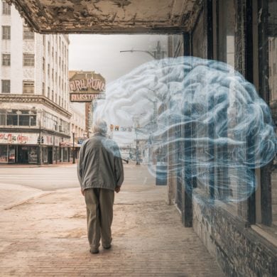This shows an older person walking in a street and a brain.