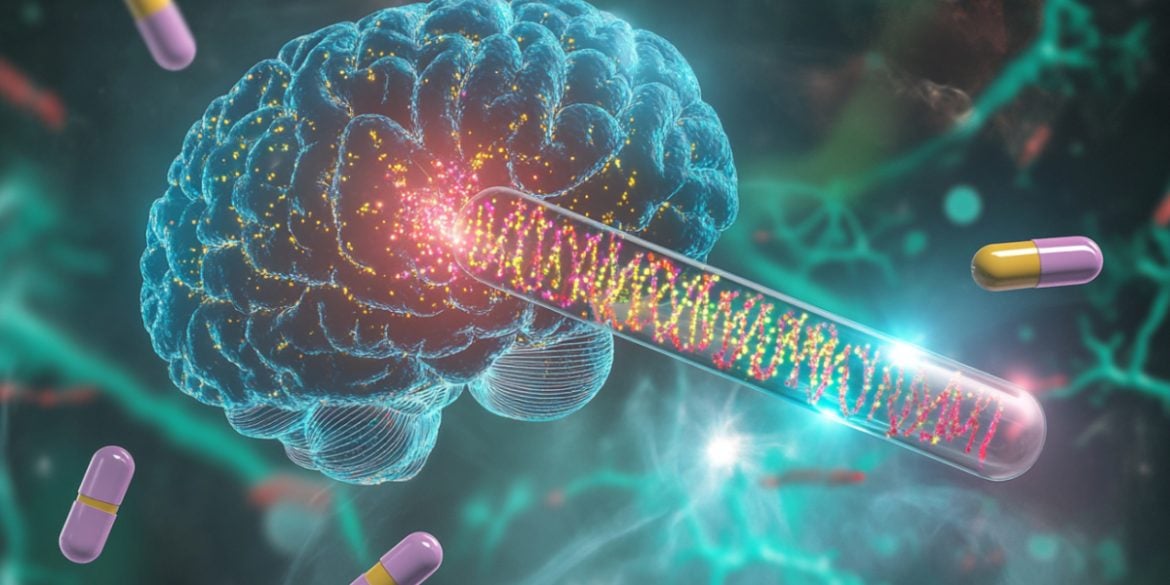 This shows a brain, DNA, and pills.
