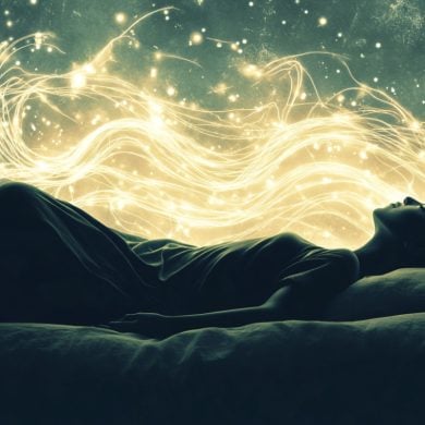 This shows a person laying down, surrounded by swirls.
