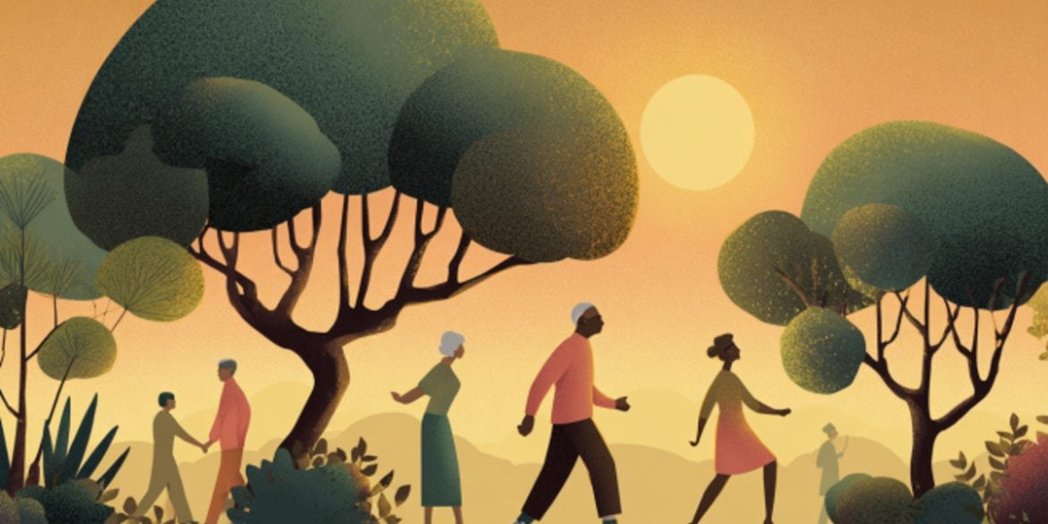 This shows people walking in a park.