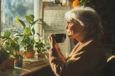 This shows an older woman drinking coffee.