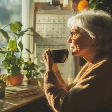 This shows an older woman drinking coffee.