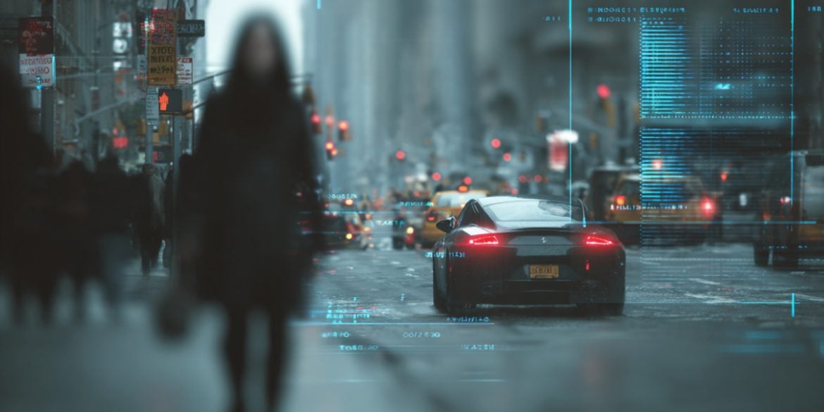 This shows a person on a busy street.