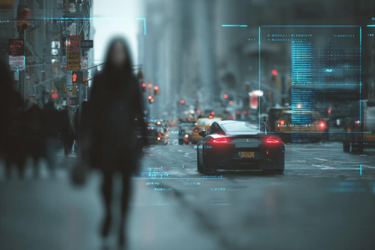 This shows a person on a busy street.
