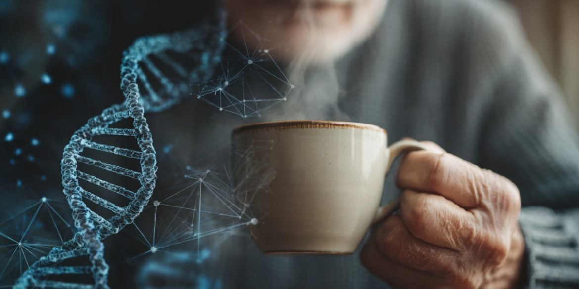 This shows a man drinking coffee and DNA.