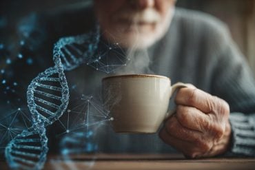 This shows a man drinking coffee and DNA.