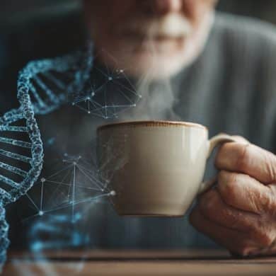 This shows a man drinking coffee and DNA.