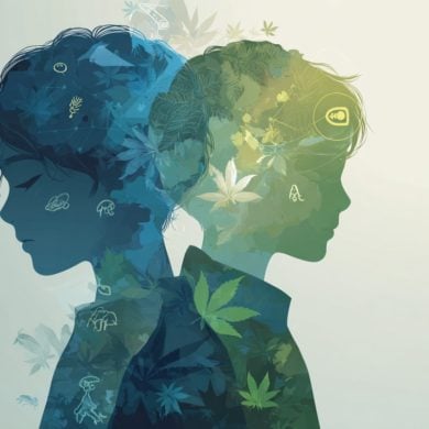 This shows the outline of two boys and leaves.