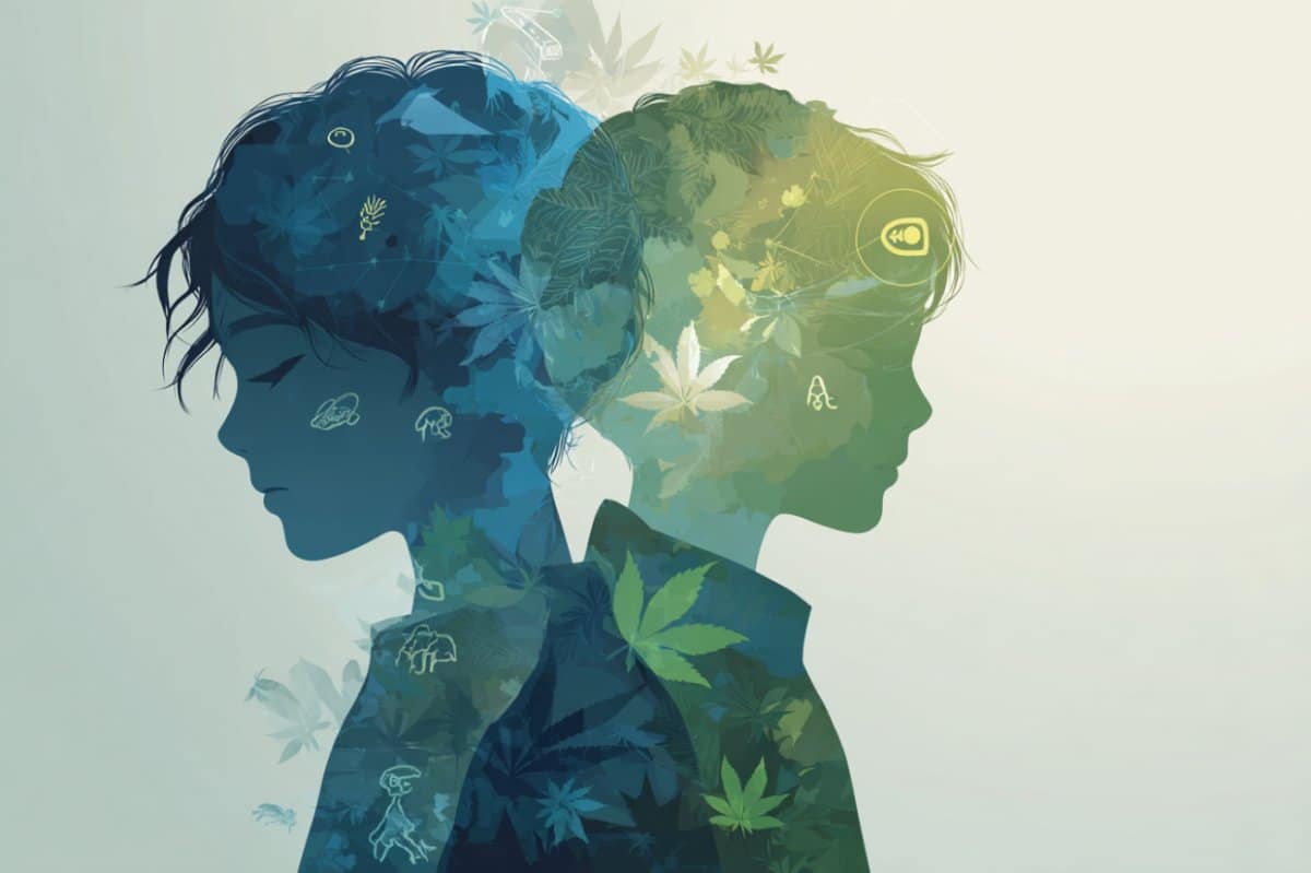 This shows the outline of two boys and leaves.