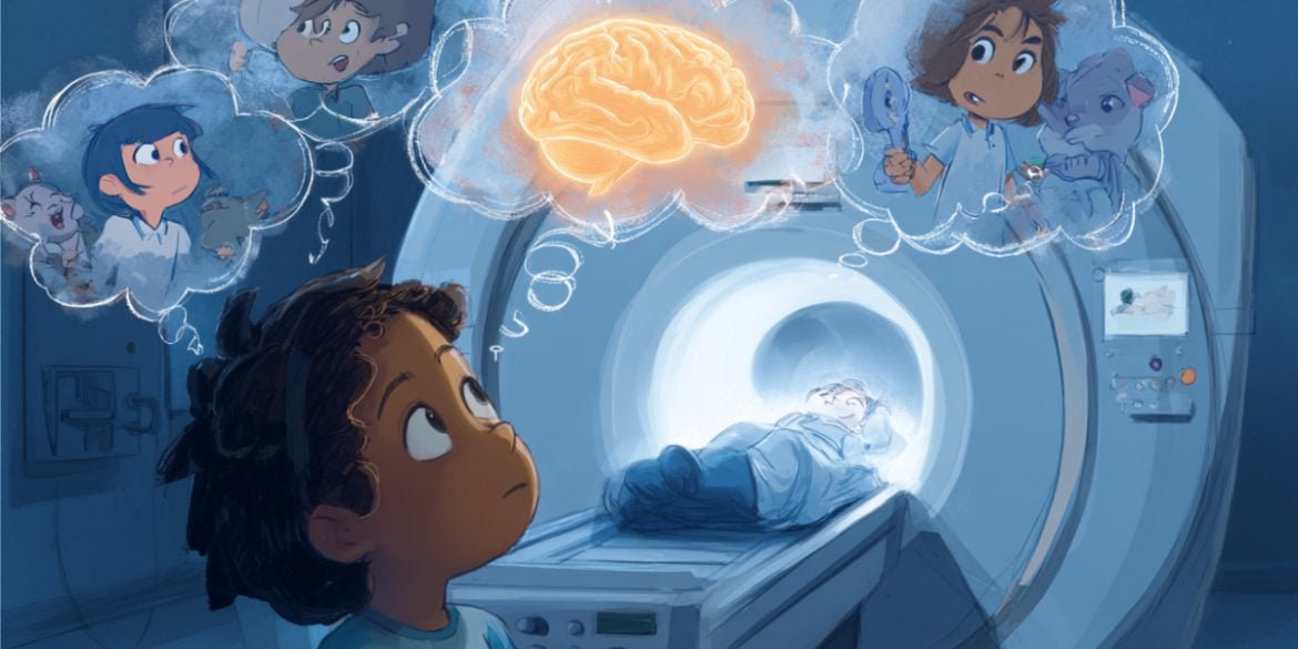 This shows a child, an MRI machine, and a brain.
