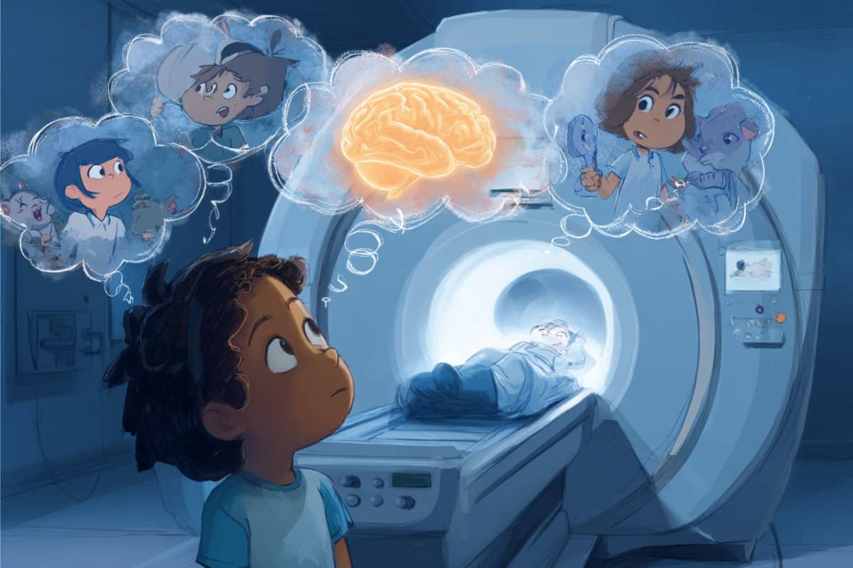 This shows a child, an MRI machine, and a brain.