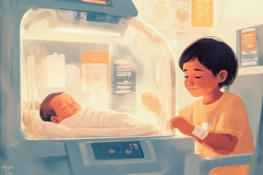 This shows a baby and a child at an incubator.