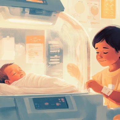 This shows a baby and a child at an incubator.