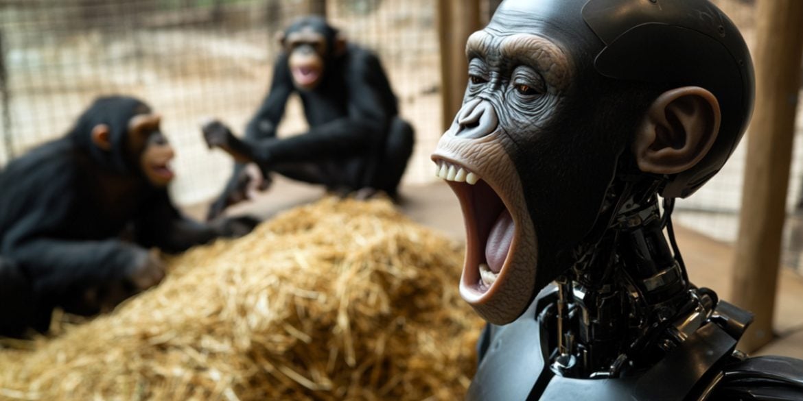 This shows a robot yawning with chimps in the background.