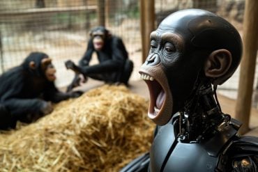 This shows a robot yawning with chimps in the background.