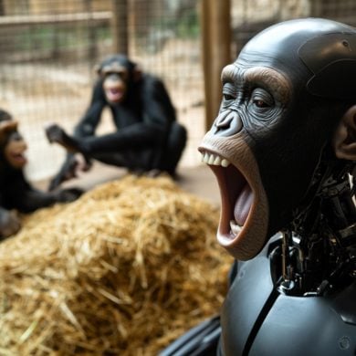 This shows a robot yawning with chimps in the background.