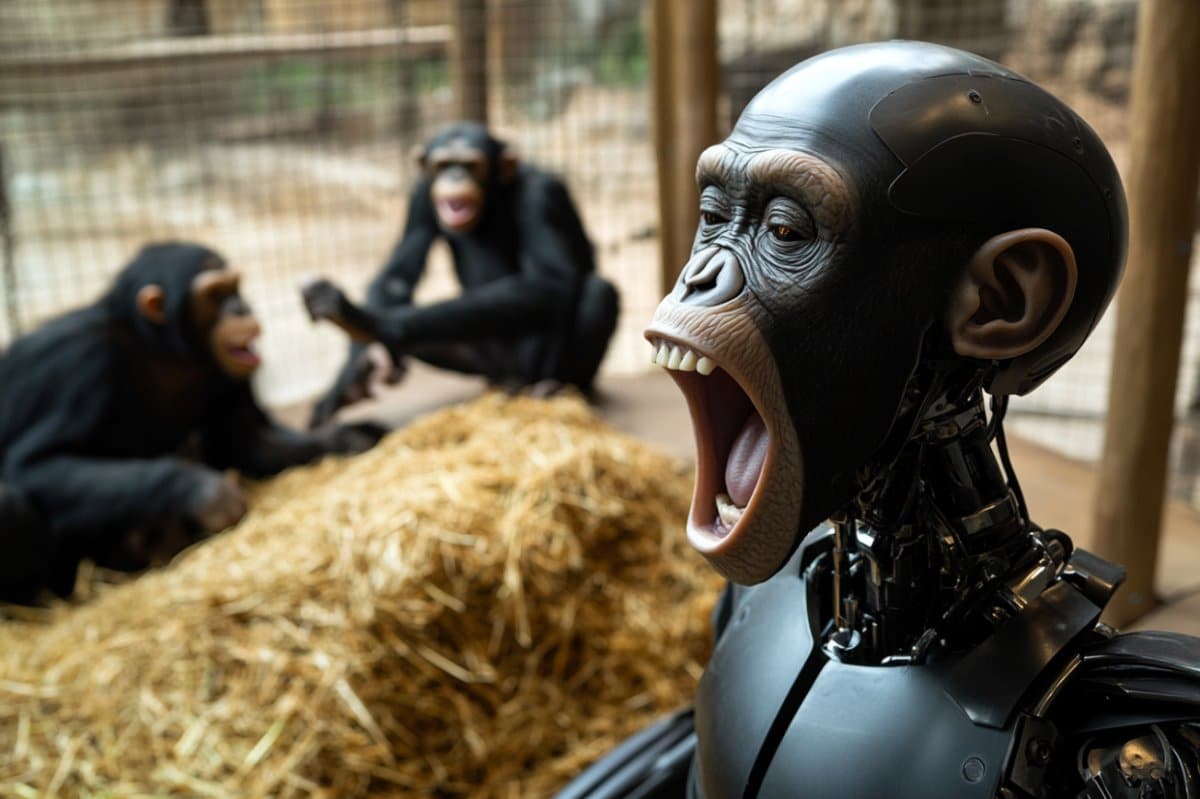 This shows a robot yawning with chimps in the background.