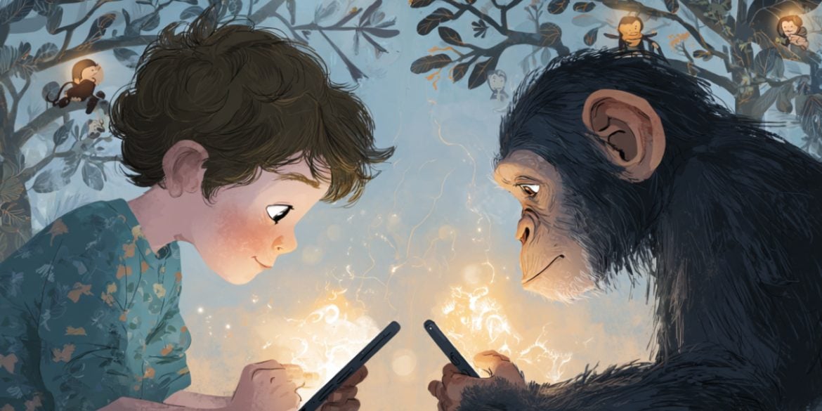 This shows a chimp and a child on cell phones.