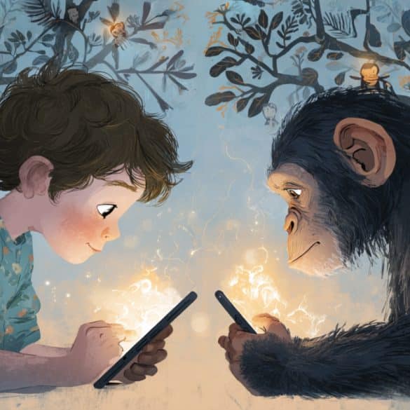 This shows a chimp and a child on cell phones.