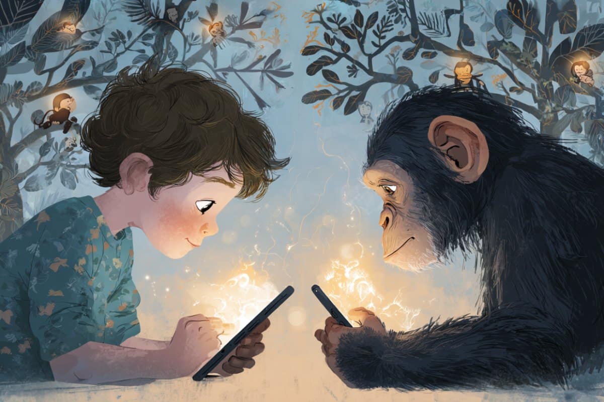 This shows a chimp and a child on cell phones.
