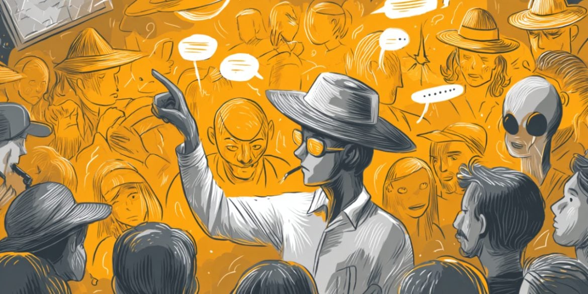 This shows a person surrounded by aliens and things out of conspiracy theories.