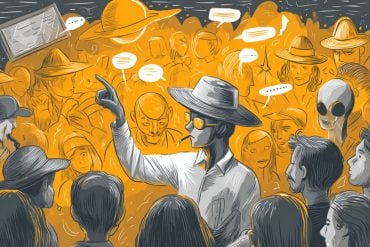 This shows a person surrounded by aliens and things out of conspiracy theories.