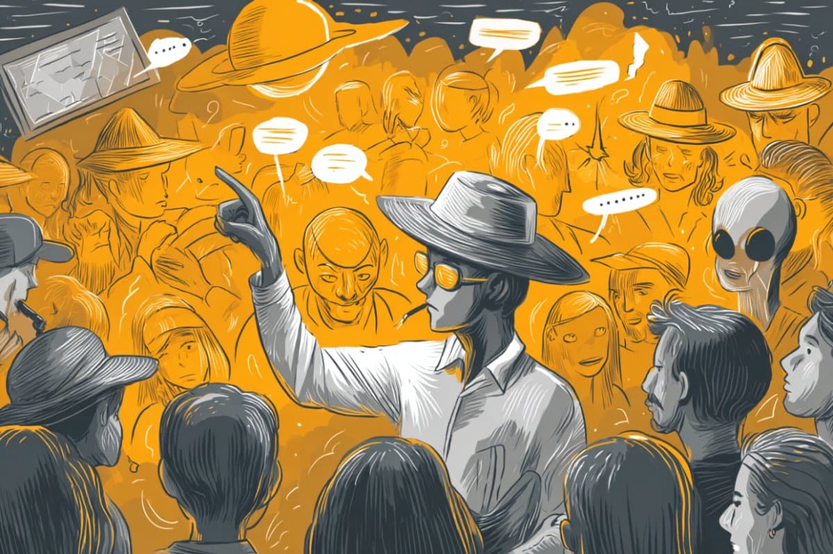 This shows a person surrounded by aliens and things out of conspiracy theories.