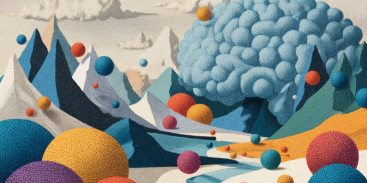 This shows a brain behind a mountain and balls.