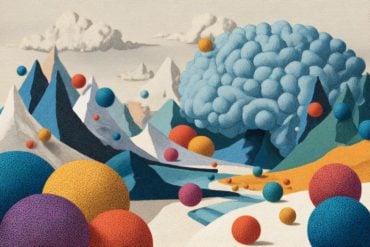 This shows a brain behind a mountain and balls.