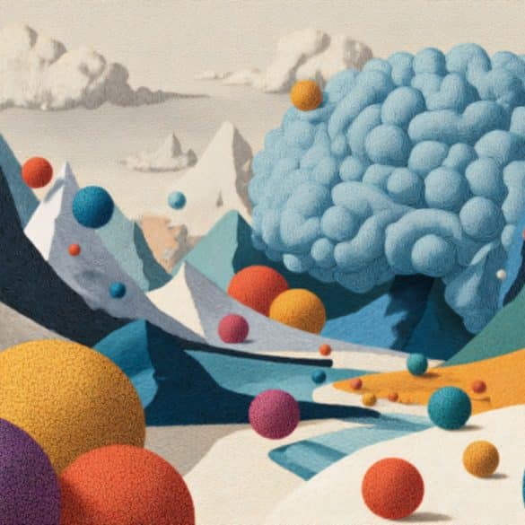 This shows a brain behind a mountain and balls.