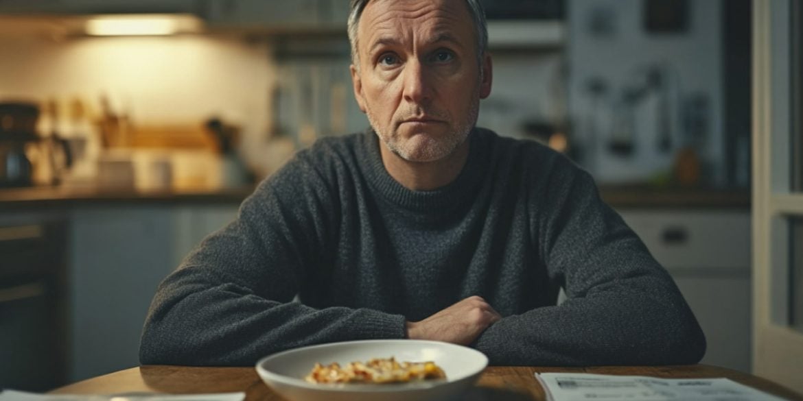 This shows a sad man with a plate.