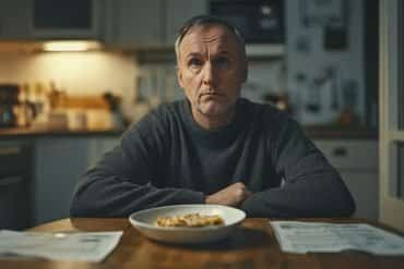 This shows a sad man with a plate.
